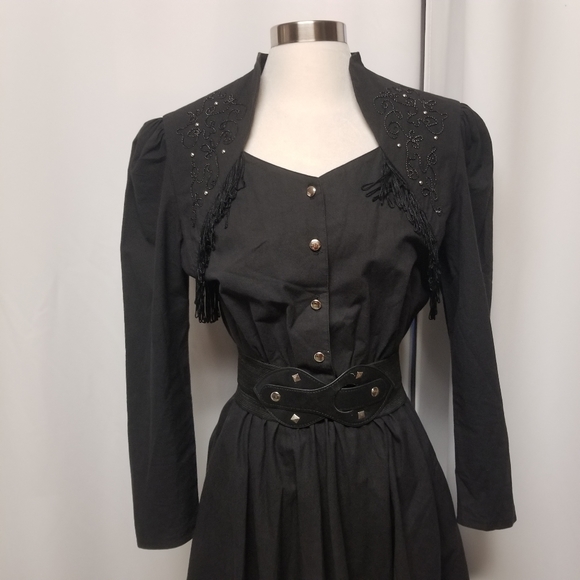 Vintage 80s Boho Western Rodeo Cowgirl Black Cotton Dancing Riding Midi Dress Sm - Picture 4 of 9